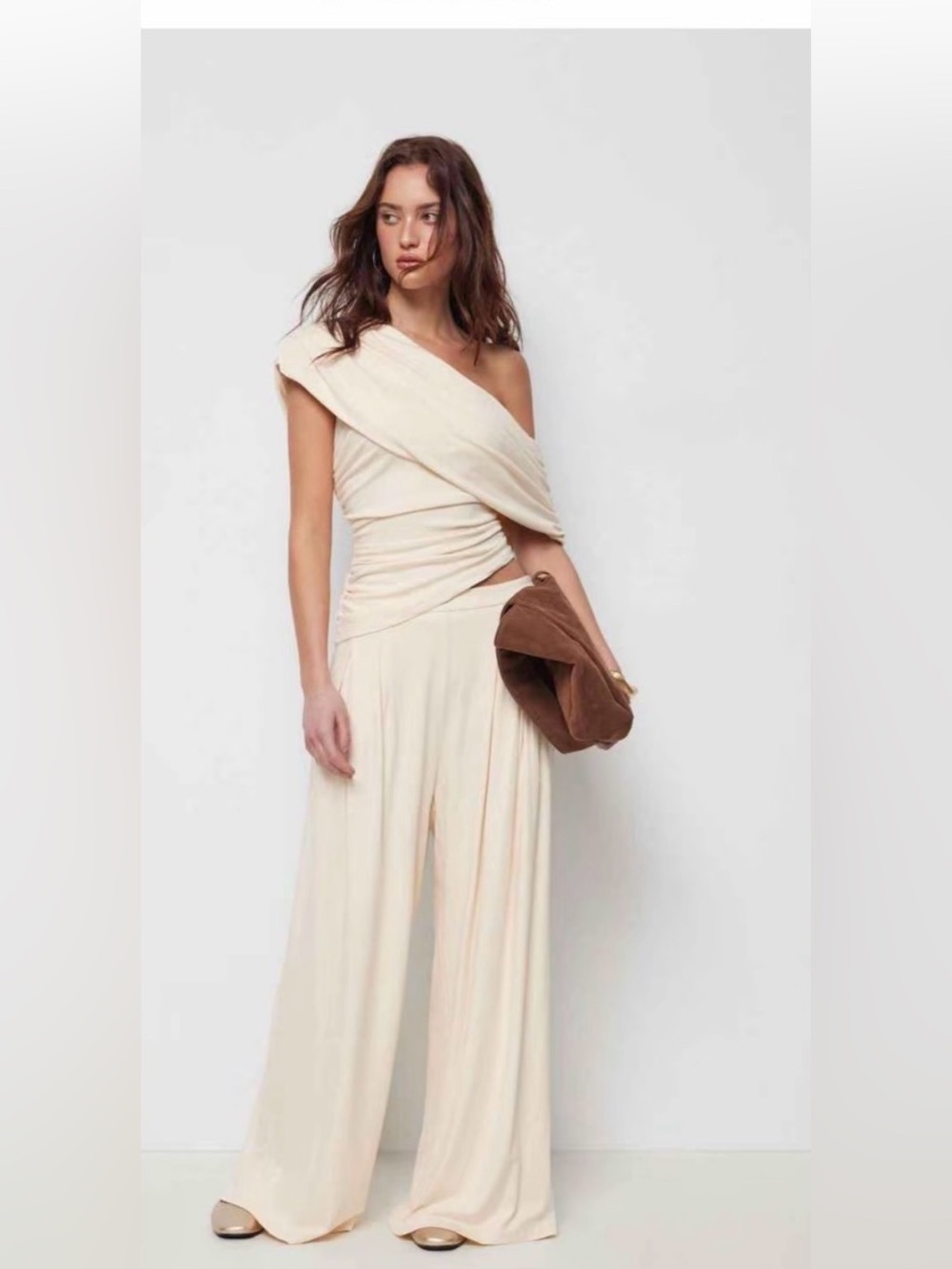 Elegant One-Shoulder Cream Draped Set